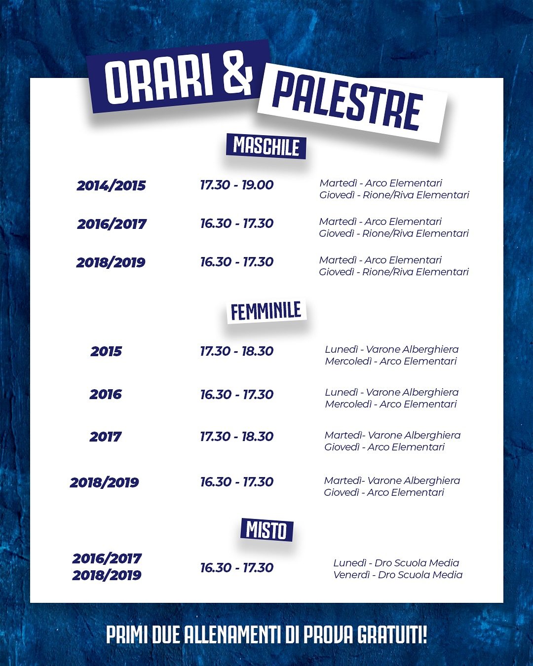 Orari e palestre dei corsi minivolley